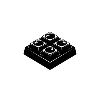 A minimalist isometric silhouette of a small square chocolate bar segmented into four individual bite sized pieces each vector