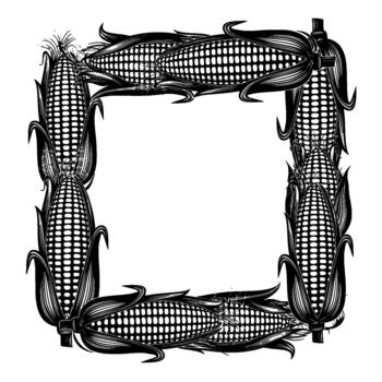 Ornate illustration of a square frame composed of intricately detailed corn cobs with husks and silk rendered in a linocut style vector