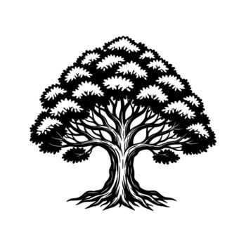 Striking illustrative silhouette of a majestic deciduous tree with intricate branches and exposed root system presented vector