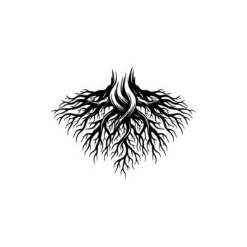Intricate ink illustration of a complex tree root system with thick central trunk splitting into numerous fine branching tendrils vector