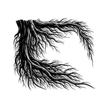 Intricate illustration of a complex tree root system spreading outwards from a thick central trunk vector