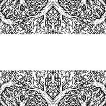 Intricate hand drawn illustration of dense tangled tree roots forming a decorative border pattern vector