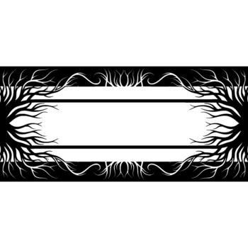 un sorprendentes monocromo ilustración presentando un florido marco con intrincado estilizado árbol raíces y ramas formando un simétrico frontera alrededor un central espacio Perfecto para texto o desig vector