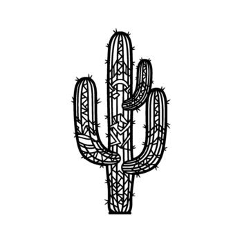 un rígido ilustración de un saguaro cactus con intrincado geométrico patrones relleno sus superficie y agudo Picos saliente hacia fuera vector