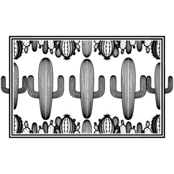 un decorativo horizontal ilustración presentando un repitiendo modelo de varios estilizado saguaro y espinoso Pera cactus dentro un de doble línea rectangular frontera vector