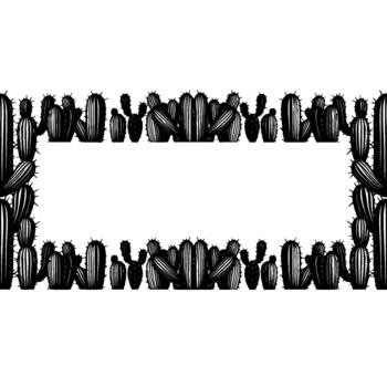 Monochrome illustration of a decorative border composed of various stylized saguaro and smaller cacti with sharp spines vector