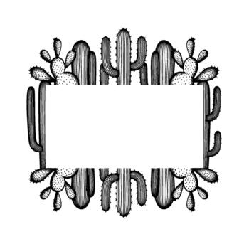 un minimalista línea Arte frontera presentando varios estilizado saguaro y espinoso Pera cactus enmarcado un central blanco rectangular espacio para texto vector