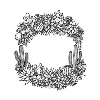 A detailed illustration of an ornamental oval frame composed of various desert succulents and cacti featuring intricate line art and a clean background for easy editing vector