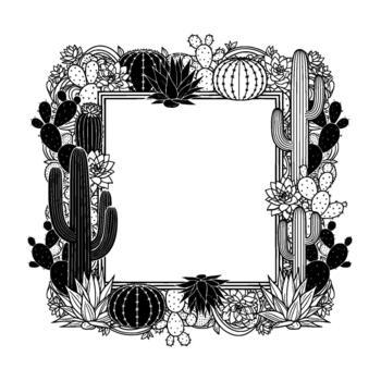 un estilizado ilustración presentando un decorativo frontera compuesto de varios Desierto suculentas y cactus arreglado en un simétrico modelo alrededor un central blanco cuadrado marco Perfecto para texto o mi vector