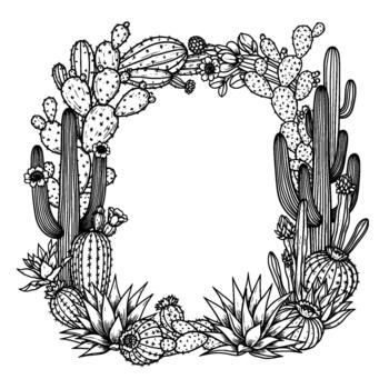 A detailed sketch of a square frame composed of various desert succulents and cacti with delicate flowers and intricate line art creating a decorative border element isolated on vector