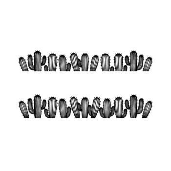 A minimalist illustration of two horizontal rows of stylized cartoon saguaro cacti with bold lines and sharp spines vector