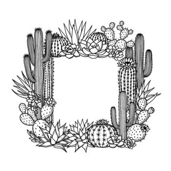 detallado línea Arte ilustración de un decorativo rectangular marco compuesto de varios Desierto suculentas y cactus aislado vector