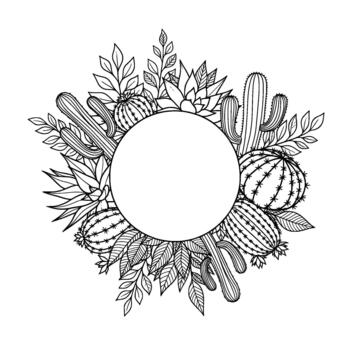 delicado línea Arte guirnalda de varios cactus y suculento plantas arreglado alrededor un blanco circular marco ideal para texto o elementos vector
