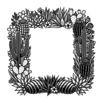 un detallado línea Arte cuadrado frontera marco compuesto de varios Desierto suculentas y cactus presentando saguaro cactus y Opuntia con intrincado floral adornos creando un único decorativo elemen vector