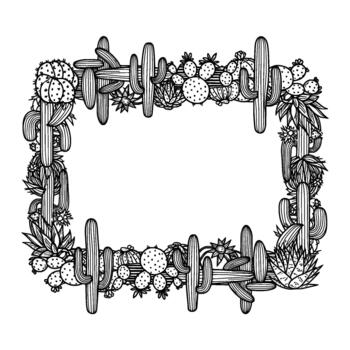 un detallado mano dibujado ilustración de un rectangular marco compuesto de varios Desierto cactus y suculentas con decorativo flores y follaje aislado vector