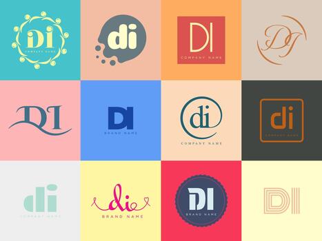 DI logo comany template. Letter d and i logotype. Set different classic serif lettering and modern bold text with design elements. Initial font typography. vector