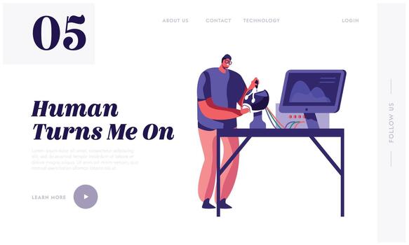 Engineer Creating Robot. Young Man Scientist vector