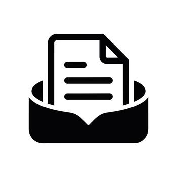 negro documento icono parcialmente emergente desde un abierto carpeta o bandeja de entrada representando archivo organización vector