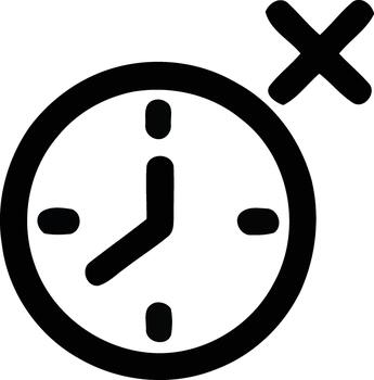 A black and white line art icon representing no time or time limit exceeded, featuring a clock face and a cancellation cross vector