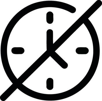 A minimalist black and white icon depicting a clock with a strikethrough line symbolizing no time or time limit vector