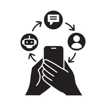 un negro glifo icono ilustrando el teléfono inteligente Interacción ciclo Entre un usuario, un mensajería aplicación, y un chatbot. vector