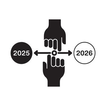 Hand silhouette pointing towards the transition from 2025 to 2026 with an arrow vector