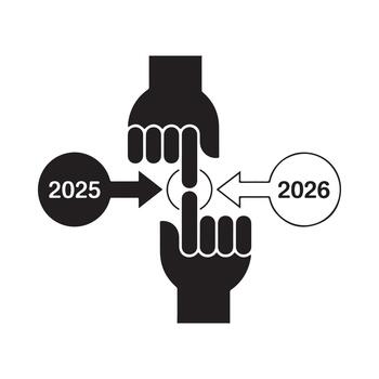 Hand icon showing the transition between the year 2025 and 2026, representing change and planning for the future. vector