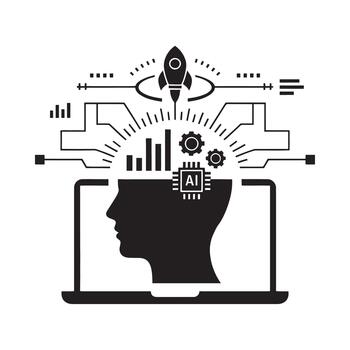 Artificial intelligence, data analysis, and innovation concept with human head and laptop vector