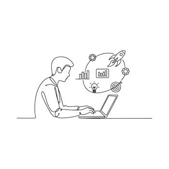 Continuous line drawing of a person working on a startup idea and business strategy on a laptop vector
