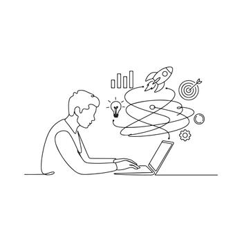 Continuous line drawing of a person developing a business idea on a laptop vector