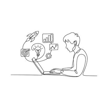 A professional working on a laptop with business development concepts continuous line drawing vector