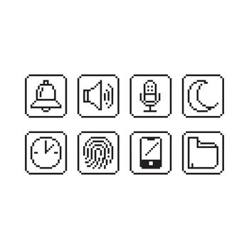 A collection of retro pixelated icons representing common digital device functions vector
