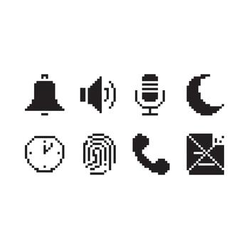 A collection of retro pixel art icons representing common smartphone functions vector