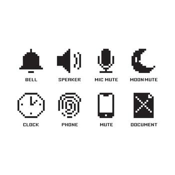 un conjunto de ocho píxel Arte íconos para digital interfaz y aplicación diseño en un minimalista estilo vector