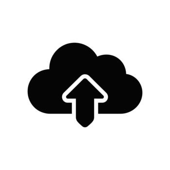 sólido negro nube icono presentando un hacia arriba señalando flecha, simbolizando un subir acción o datos transferir vector