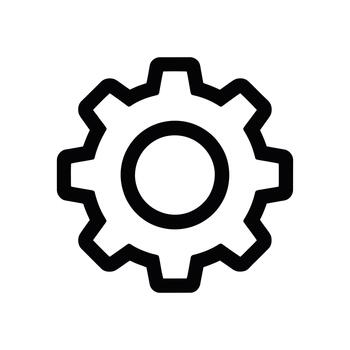 A detailed black outlined gear icon representing mechanical functions or system settings vector