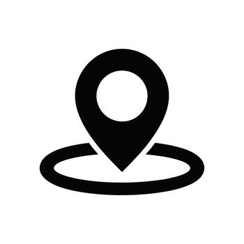 A black solid location map pin icon with a surrounding circle indicating a radius or area vector