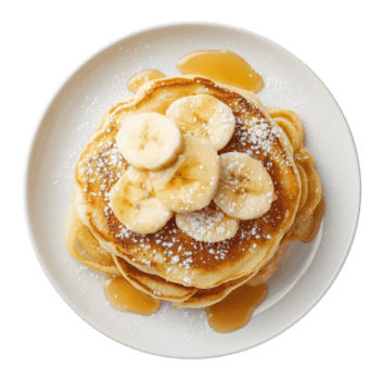Stack of fluffy pancakes topped with banana slices, powdered sugar and maple syrup on white plate, isolated on transparent background png