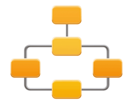 Multi-level organizational chart with orange and yellow connected boxes in structured layout, isolated on transparent background png