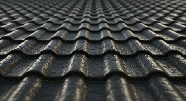 Dark roofing tiles pattern with wave design creating textured background photo