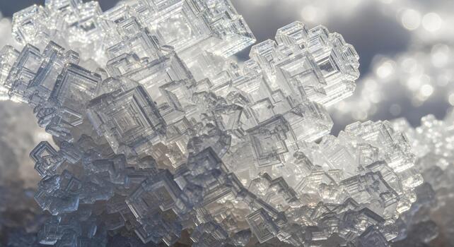Macro view of intricate ice crystals sparkling in winter sunlight photo