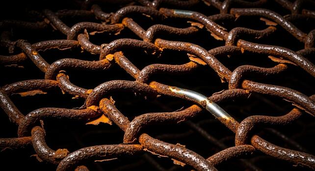 Heavy Rusty Metal Chain Texture with One Silver Link photo