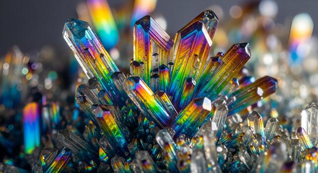 Iridescent Rainbow Quartz Crystal Cluster Mineral Macro Shot photo