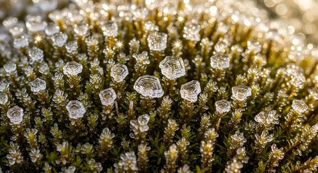 Macro shot of moss covered in delicate hexagonal ice crystals sparkling in sun photo