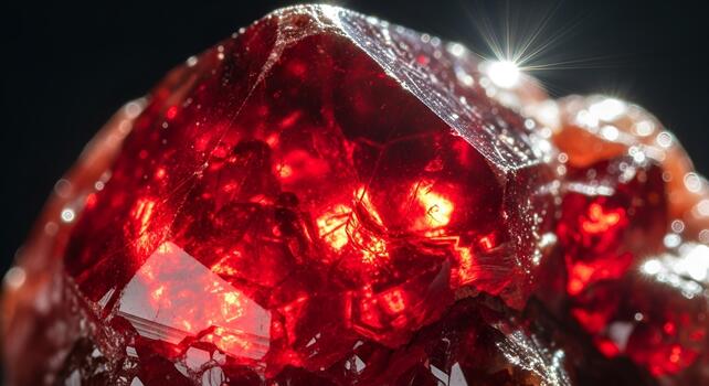 Macro Shot of Deep Red Mineral Crystal with Brilliant Light Effect photo