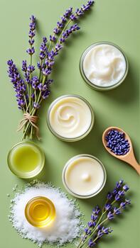 The is a flat lay of various skincare products arranged on a green background. There are four small glass jars of different sizes and shapes each containing a different type of cream or lotion. photo