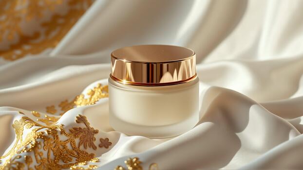 The is a closeup of a white jar with a gold lid. The jar is placed on a white fabric with a golden floral pattern. The background is blurred making the jar and the fabric the focal point of the . photo