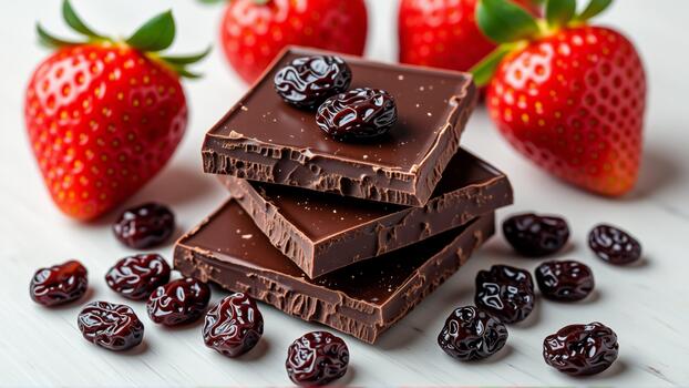 The shows a stack of three pieces of dark chocolate with cherries on top. The chocolate bars are stacked on top of each other with the top piece slightly overlapping the bottom one. photo