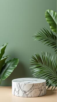 The shows a white marblelike object on a beige surface with a green wall in the background. On the right side of the there are two large green leaves of a palm tree one on the left side and one in photo