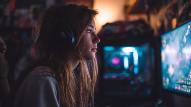 Young woman intently focused while gaming on computer with colorful lights in darkened room. photo